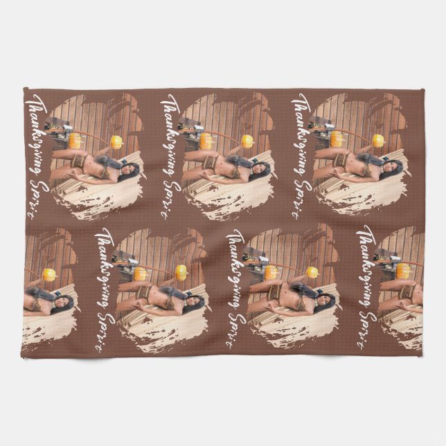 Young Native American Posing on Wood Wall Kitchen Towel (Horizontal)