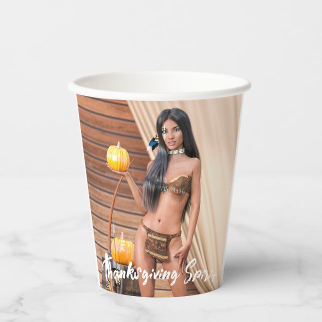 Young Native American Posing on Wood Wall Paper Cups (Front)