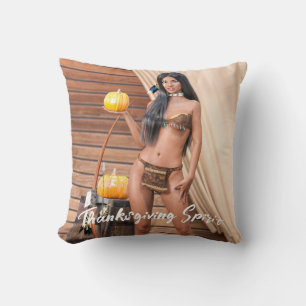 Young Native American Posing on Wood Wall Throw Pillow