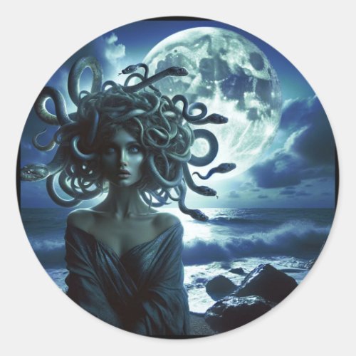 Young Pretty Medusa by the Moon  Ocean Classic Round Sticker