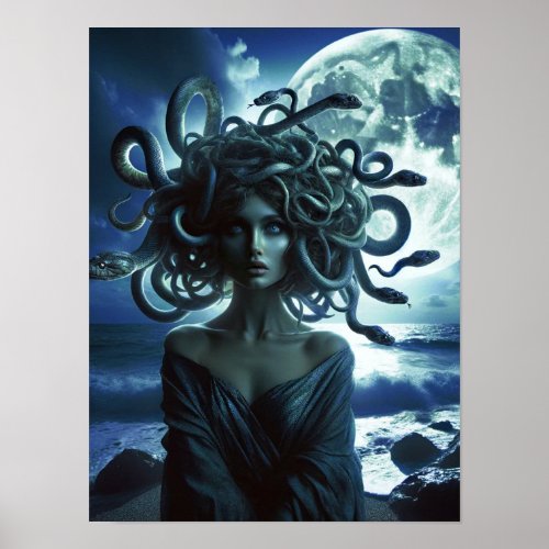 Young Pretty Medusa by the Moon  Ocean Poster