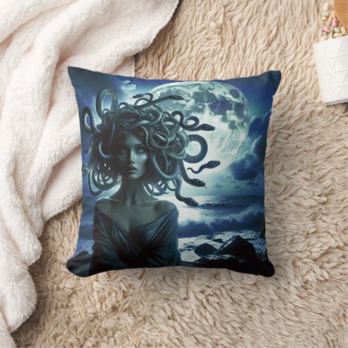 Young Pretty Medusa by the Moon  Ocean Throw Pillow