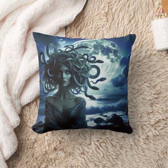 Young Pretty Medusa by the Moon & Ocean Throw Pillow (Blanket)