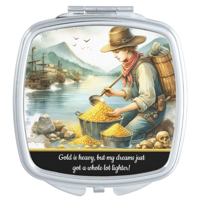 Young prospector discovers gold by river compact mirror (Front)