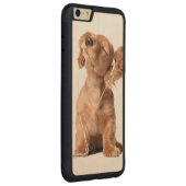 Young Puppy Listening to Music on Headphones Carved Wood iPhone Case (Right)