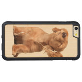 Young Puppy Listening to Music on Headphones Carved Wood iPhone Case (Back Horizontal)