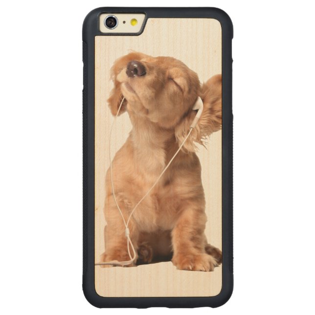 Young Puppy Listening to Music on Headphones Carved Wood iPhone Case (Back)