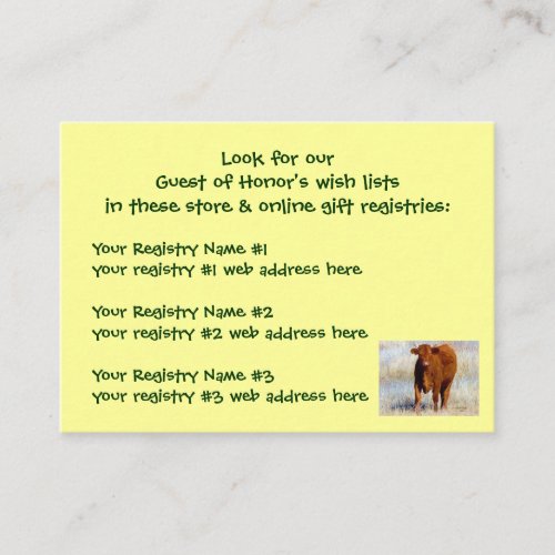 Young Red Cow Shower Gift Registry Western Business Card
