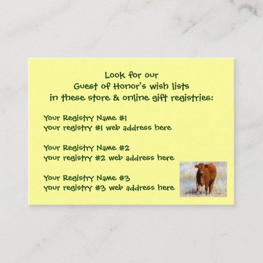 Customizable Young Red Cow Shower Gift Registry Western Business Card