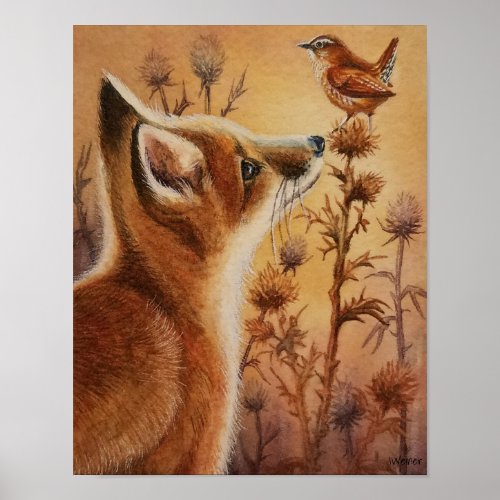 Young Red Fox Carolina Wren Bird Watercolor 11x14  Poster