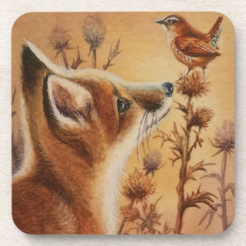 Young Red Fox  Carolina Wren Bird Watercolor Art Beverage Coaster