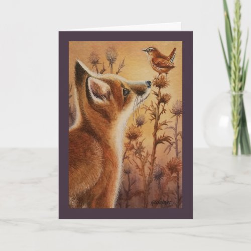 Young Red Fox  Carolina Wren Bird Watercolor Art Card