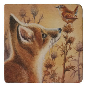 Young Red Fox Carolina Wren Bird Watercolor Art Ce Trivet