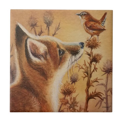 Young Red Fox Carolina Wren Bird Watercolor Art Ceramic Tile