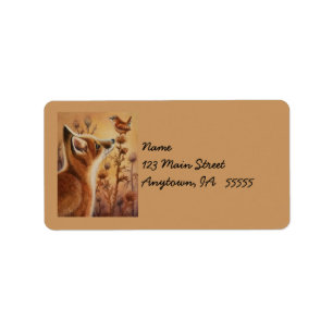 Young Red Fox & Carolina Wren Bird Watercolor Art Label