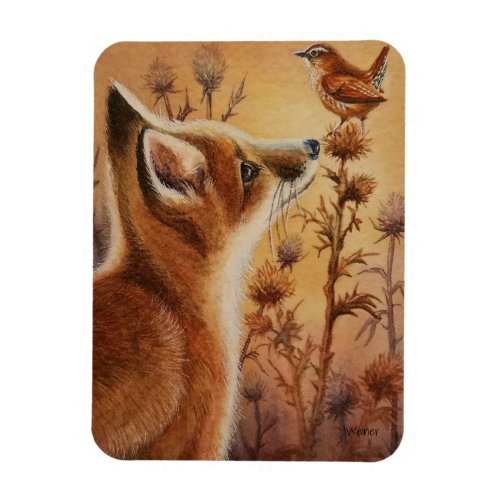 Young Red Fox Carolina Wren Bird Watercolor Art Magnet