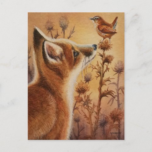 Young Red Fox  Carolina Wren Bird Watercolor Art Postcard