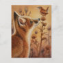 Young Red Fox & Carolina Wren Bird Watercolor Art Postcard
