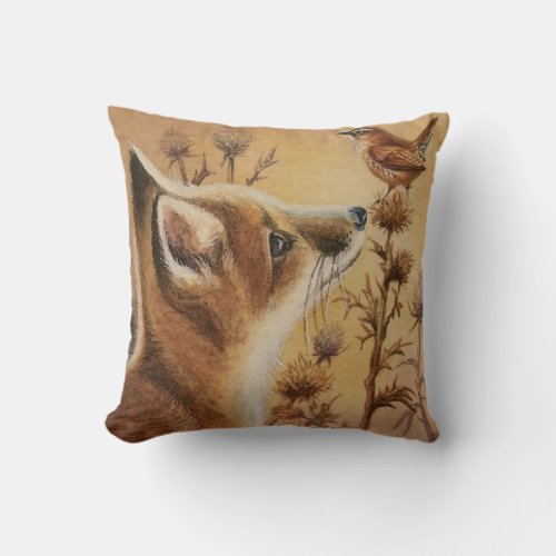 Young Red Fox  Carolina Wren Bird Watercolor Art Throw Pillow