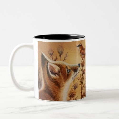 Young Red Fox  Carolina Wren Bird Watercolor Art  Two_Tone Coffee Mug