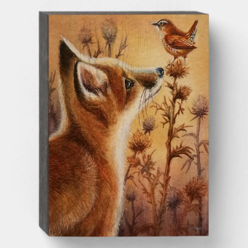 Young Red Fox Carolina Wren Bird Watercolor Art  Wooden Box Sign