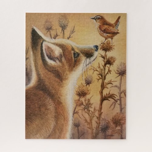 Young Red Fox  Carolina Wren Watercolor Art Jigsaw Puzzle