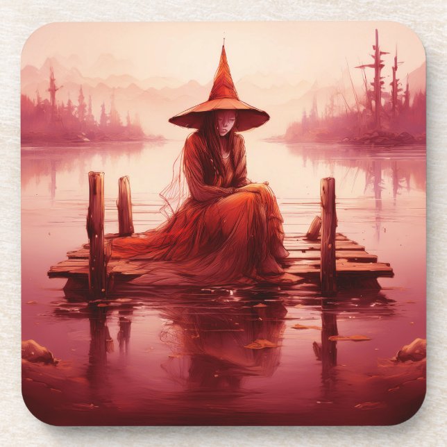 Young Red Witch Sits On Broken Pier Beverage Coaster (Front)