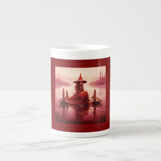 Young Red Witch Sits On Broken Pier Bone China Mug (Front)