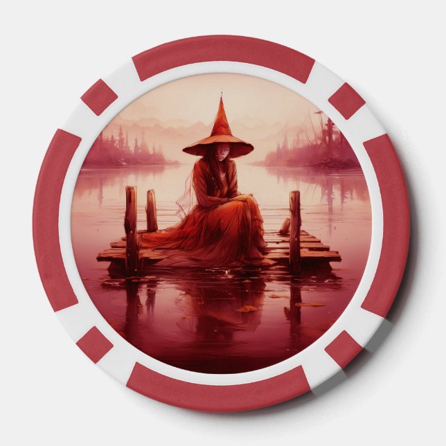 Young Red Witch Sits On Broken Pier Poker Chips (Back)