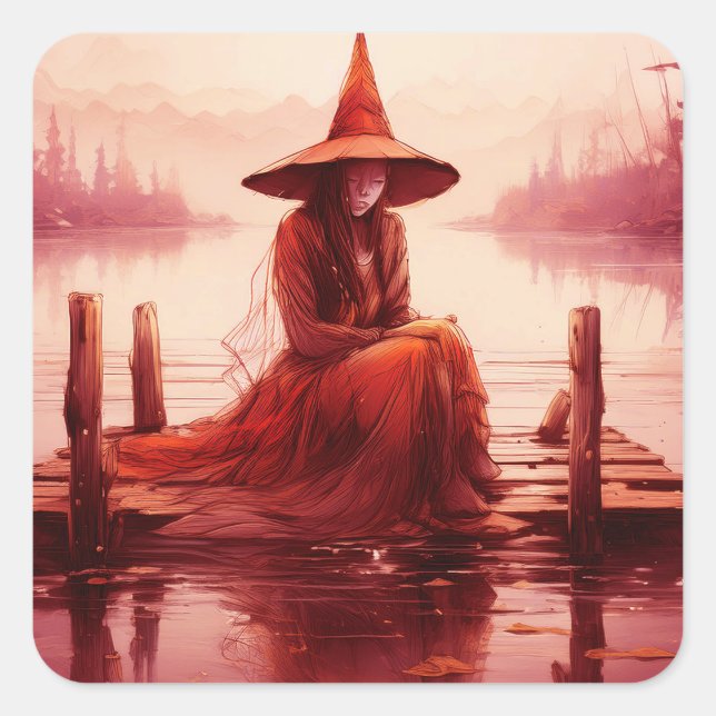 Young Red Witch Sits On Broken Pier Square Sticker (Front)