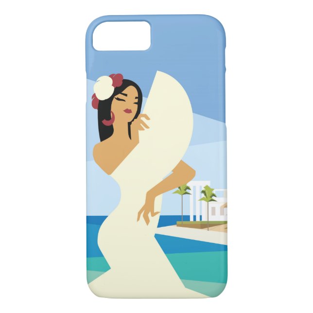 Young Spanish Lady posing with fan in ocean coast Case-Mate iPhone Case (Back)