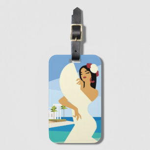 Young Spanish Lady posing with fan in ocean coast Luggage Tag