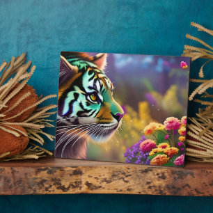 Young Tiger and Colorful Flowers Plaque
