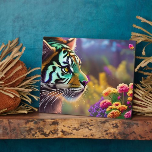 Young Tiger and Colorful Flowers  Plaque