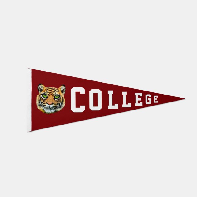 Young Tiger Face & Editable College Text on Maroon Pennant Flag (Front)