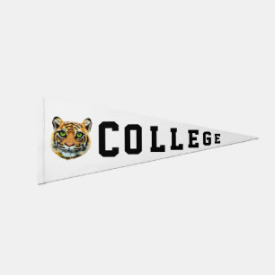Young Tiger Face & Editable College Text on White Pennant Flag