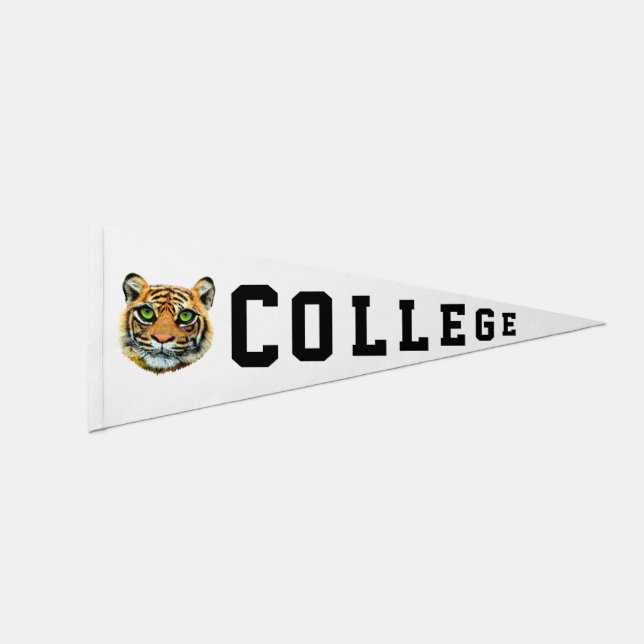 Young Tiger Face & Editable College Text on White Pennant Flag (Front)