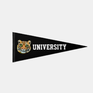 Young Tiger Face & University Text on Black Pennant Flag