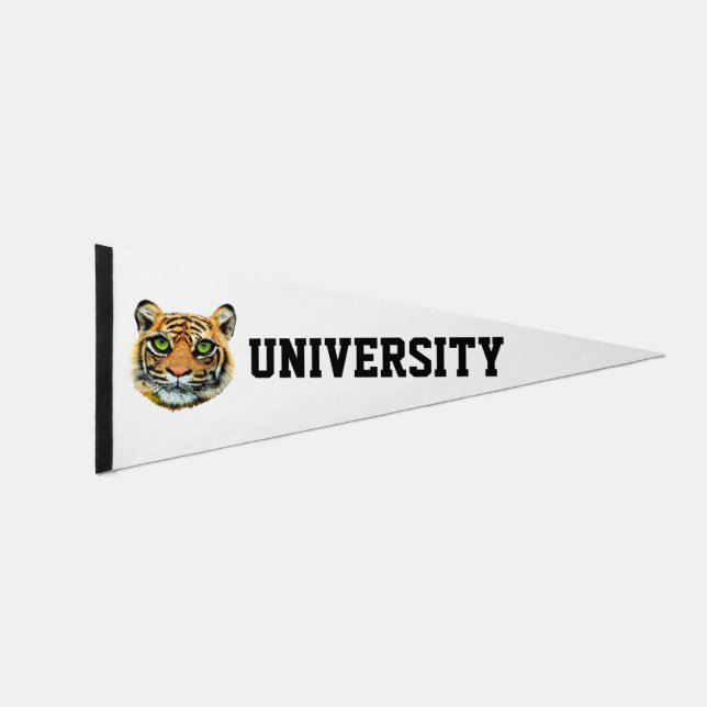 Young Tiger Face & University Text on White Pennant Flag (Front)