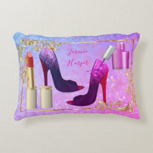 Young Trendy Girly Colorful Fashion Shoes Makeup Accent Pillow