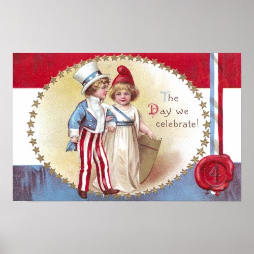 Young Uncle Sam Escorts Columbia on 4th of July Poster