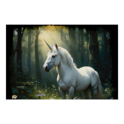 Young Unicorn in a Forest Glade Poster