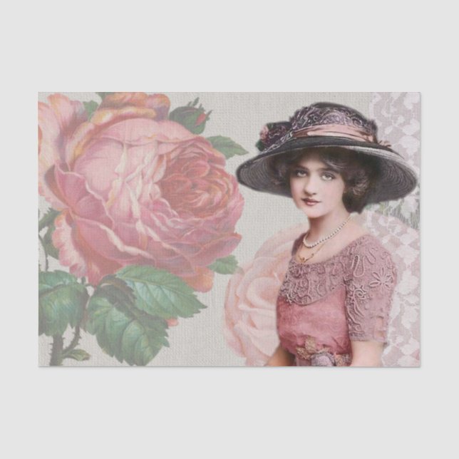 Young Victorian Woman Ornate Flower Dress and Hat Tissue Paper (Front)