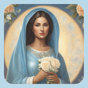 Young Virgin Mary with White Roses Square Sticker