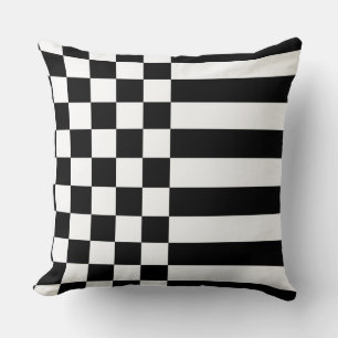 Young White Geometric Stripes & Checker Black Throw Pillow
