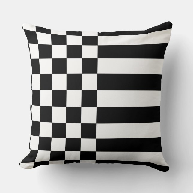 Young White Geometric Stripes & Checker Black Throw Pillow (Front)