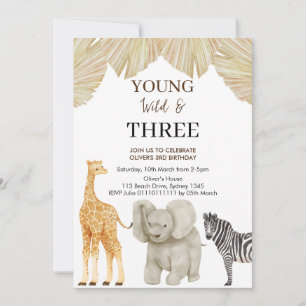 Young WILD & 3 Safari Theme 3rd Birthday Invitation
