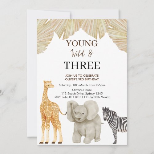 Young WILD  3 Safari Theme 3rd Birthday  Invitation