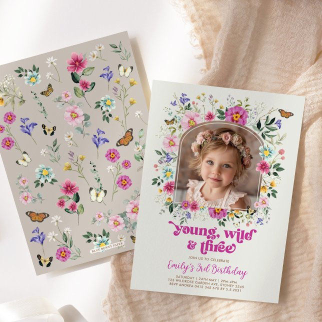 Young Wild & 3 Wildflower Butterfly Birthday Photo Invitation (Creator Uploaded)