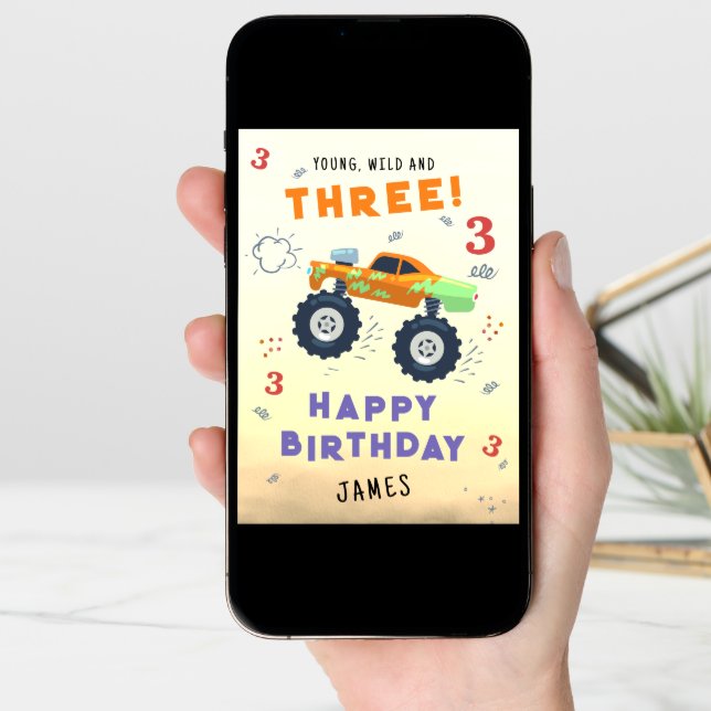 Young Wild 3rd Birthday Kids Monster Car Trucks Card (Front Digital)